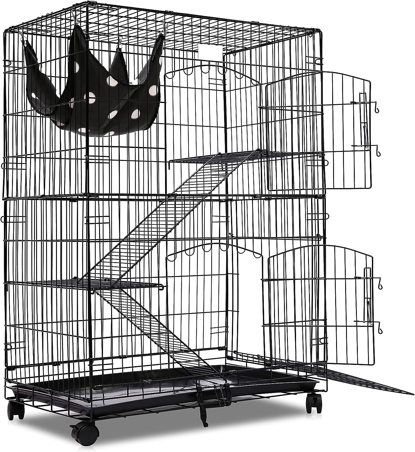 Budget Wire Cat Ferret,2-tier cat cage,collapsible,folding,lockable habitat crate with casters, mesh tray and hammock,black