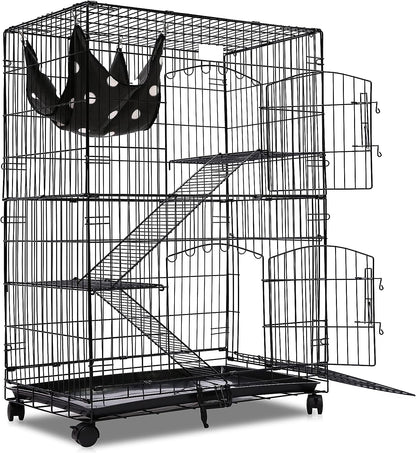 Budget Wire Cat Ferret,2-tier cat cage,collapsible,folding,lockable habitat crate with casters, mesh tray and hammock,black