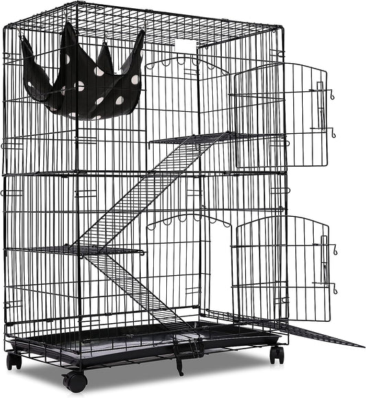 Budget Wire Cat Ferret,2-tier cat cage,collapsible,folding,lockable habitat crate with casters, mesh tray and hammock,black