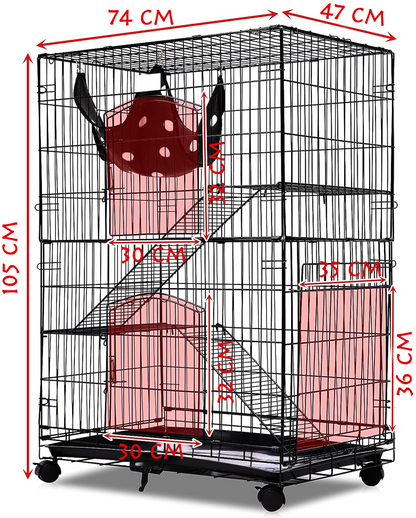 Budget Wire Cat Ferret,2-tier cat cage,collapsible,folding,lockable habitat crate with casters, mesh tray and hammock,black