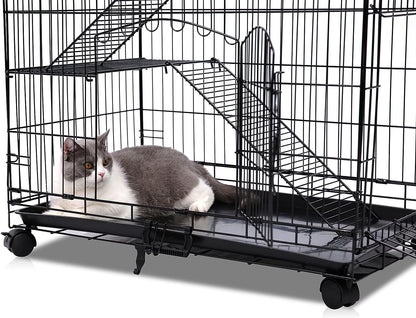 Budget Wire Cat Ferret,2-tier cat cage,collapsible,folding,lockable habitat crate with casters, mesh tray and hammock,black